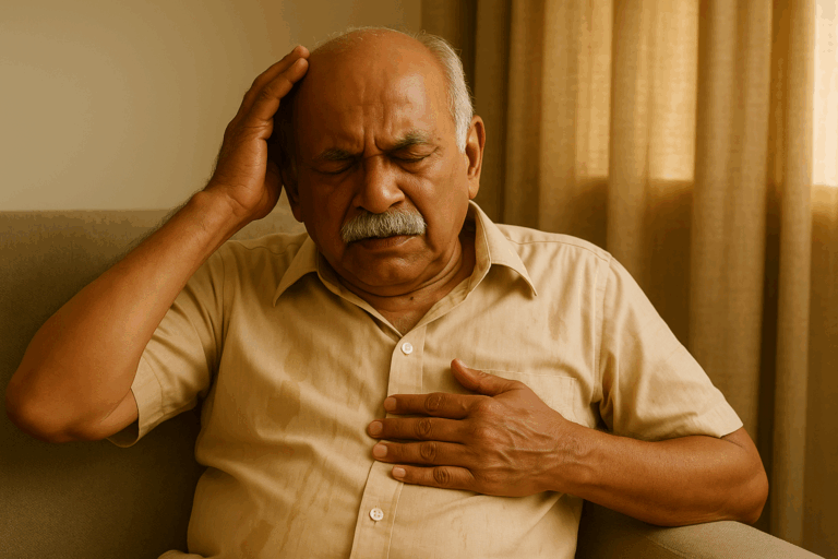 Elderly man with Parkinson's feeling dizzy and fatigued due to the summer heat.