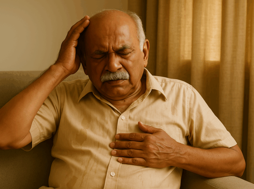 Elderly man with Parkinson's feeling dizzy and fatigued due to the summer heat.